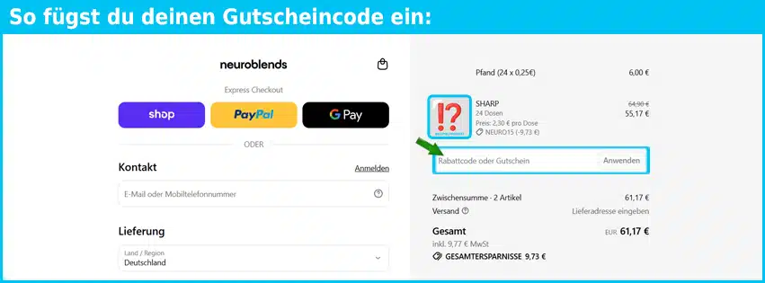 neuroblends Gutschein einfuegen und sparen blau