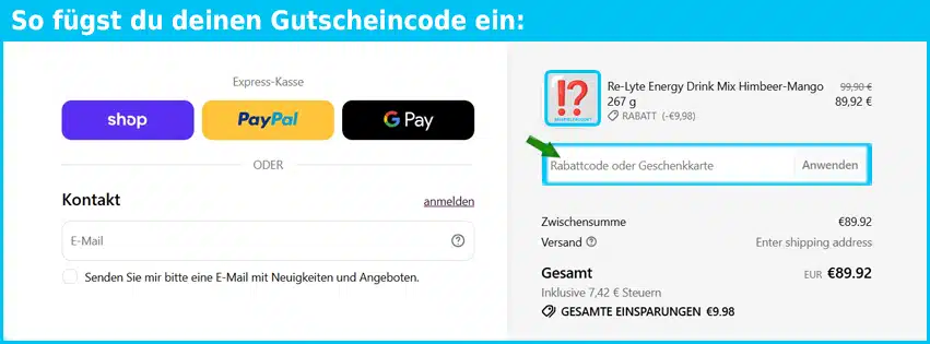 re-lyte Gutschein einfuegen und sparen blau