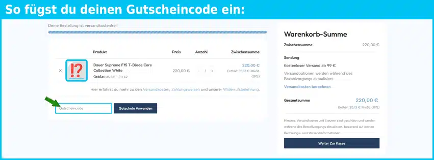 schlittschuhe.shop Gutschein einfuegen und sparen blau