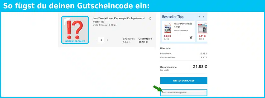 tesa Gutschein einfuegen und sparen blau