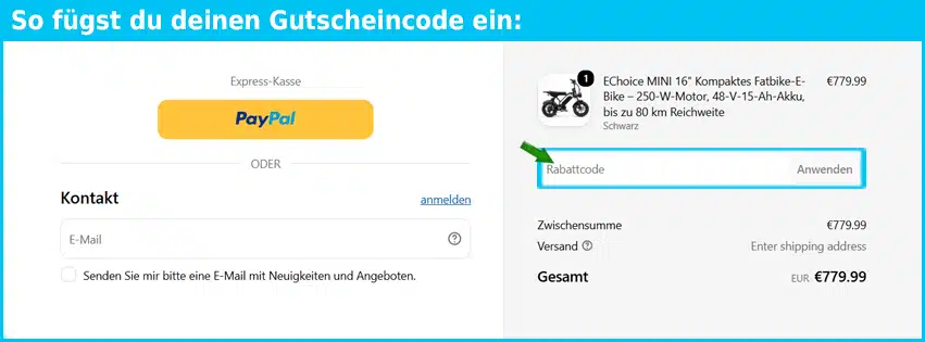 veloprobike Gutschein einfuegen und sparen blau
